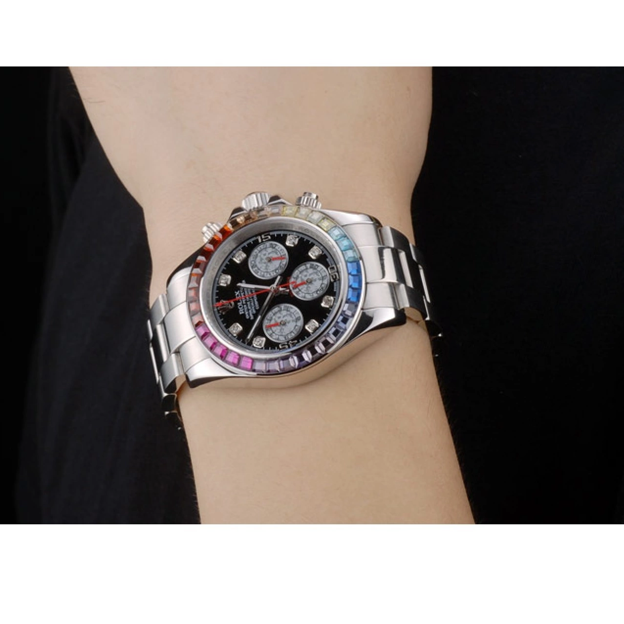 AAA Replica Watches Rainbow Rolex Strap Steep Dial 80250 Daytona Black Cosmograph Stainless Crystals Bezel 0728